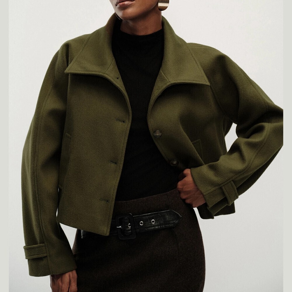 Olive Green Collared Cropped Pea Coat Jacket with Button Front and Cuffs